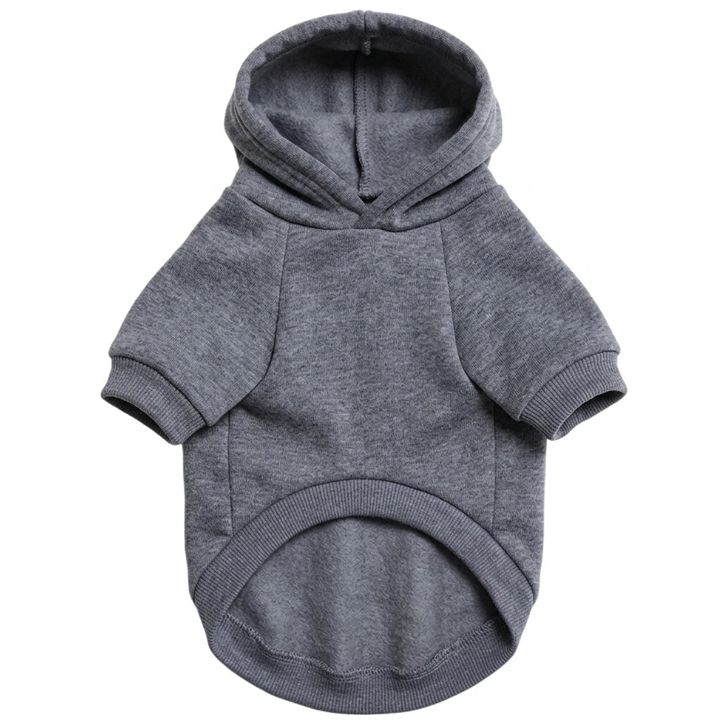 A solid gray warm fleece hoodie for a large dog, shown from the front.