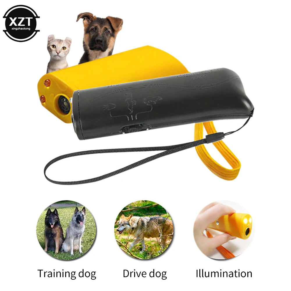 A yellow ultrasonic dog training device shown with a dog, illustrating its use for training and illumination.