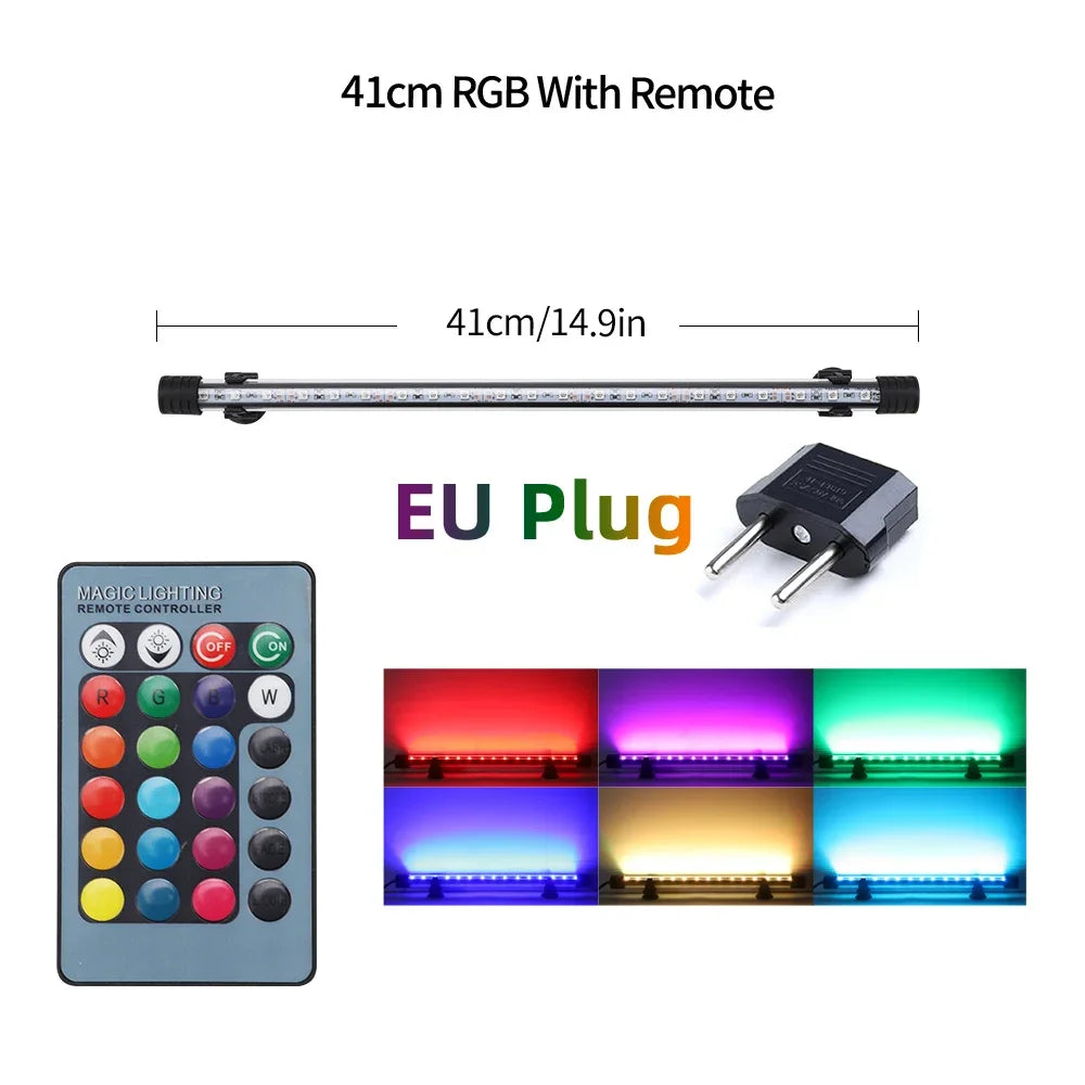 41cm RGB light with remote control and EU plug, showing various colored light effects.
