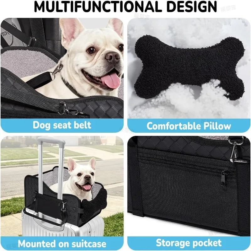 A multifunctional dog seat belt and storage pocket designed for small dogs, shown with a dog, a pillow, and a storage pouch.