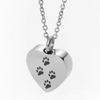 Silver stainless steel heart-shaped necklace with four paw prints engraved on it