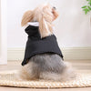 A light-colored dog wearing a black nun costume with a white collar, sitting on a woven mat.