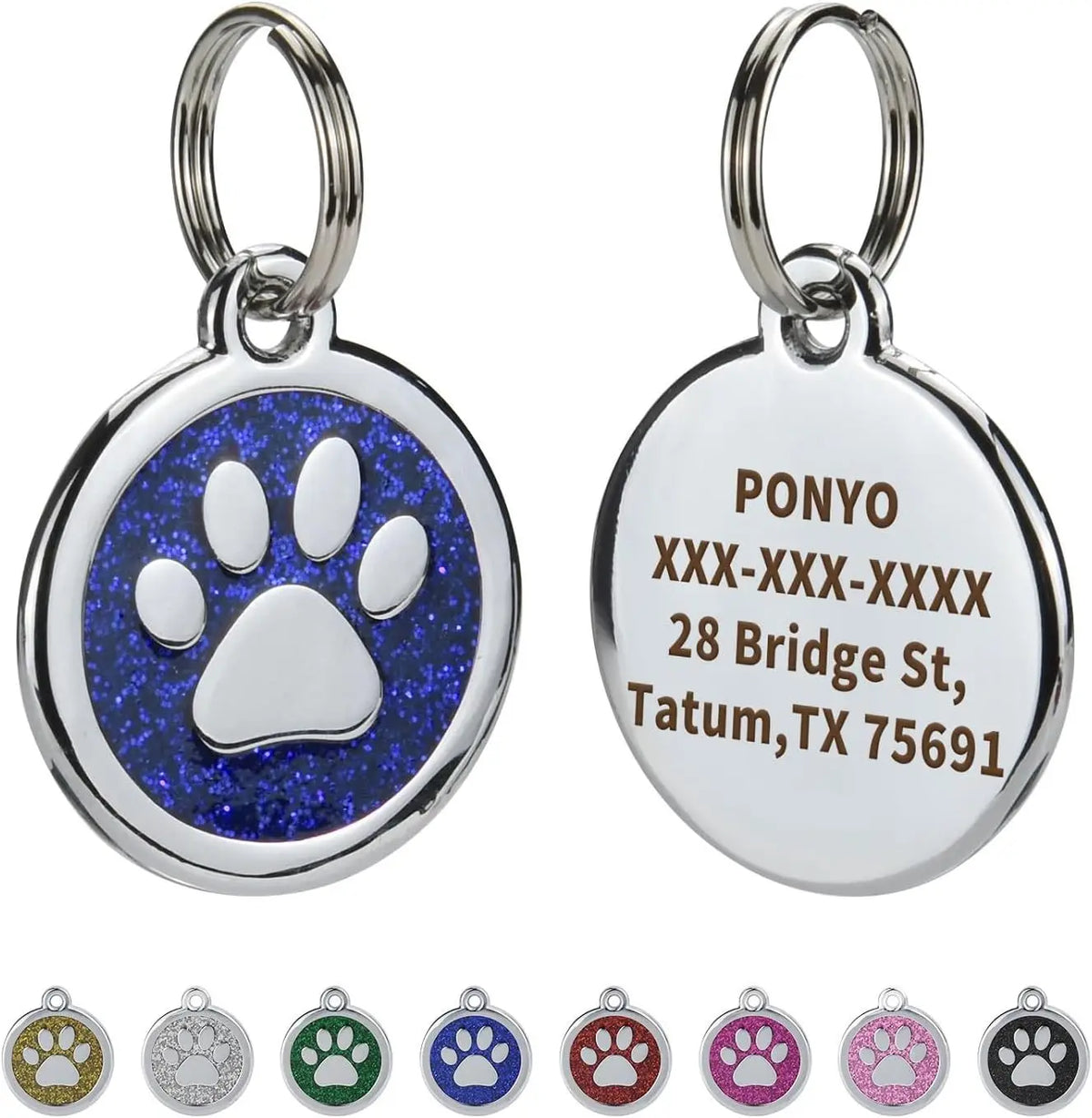 Silver pendant with a blue paw print engraved on the surface