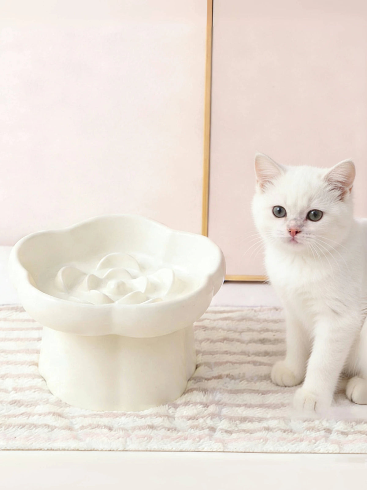 A white ceramic slow feeder bowl with a flower design is placed on a light pink mat next to a white kitten.