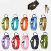 A collection of reflective airtag dog collars in various colors including olive green, teal, orange, blue, and beige.
