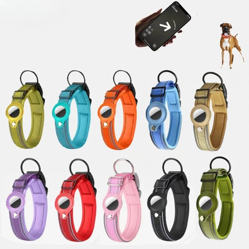 A collection of reflective airtag dog collars in various colors including olive green, teal, orange, blue, and beige.