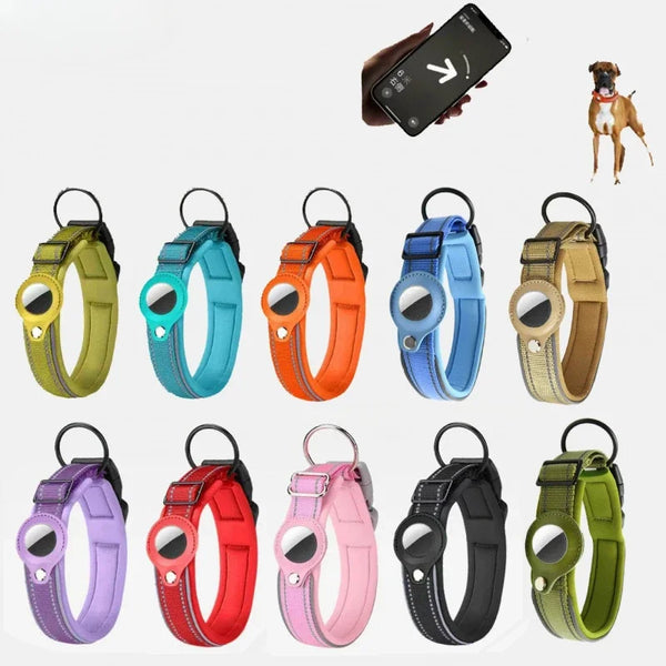 A collection of reflective airtag dog collars in various colors including olive green, teal, orange, blue, and beige.