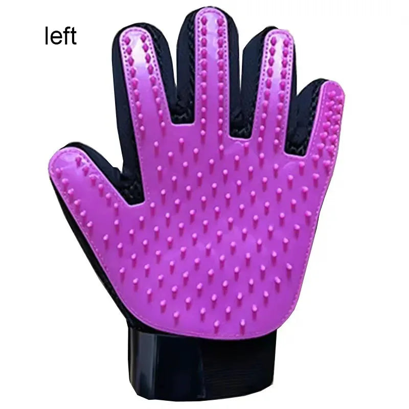 A left hand of a bright purple silicone pet grooming glove with textured pads.