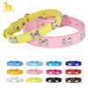 A collection of colorful padded leather dog collars featuring bone rivets in yellow, pink, blue, and red.