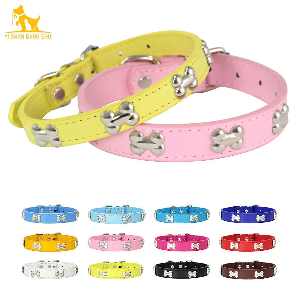 A collection of colorful padded leather dog collars featuring bone rivets in yellow, pink, blue, and red.