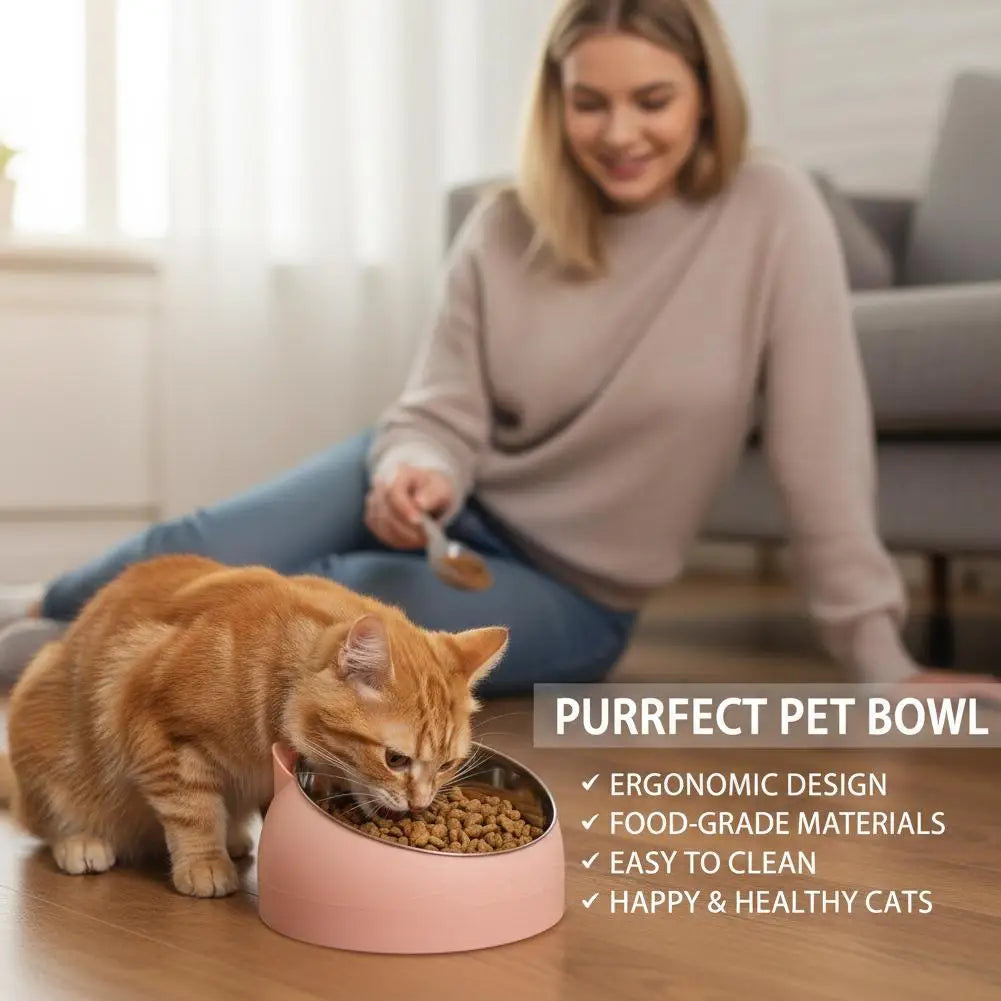A female cat owner is shown using a pink ergonomic pet bowl for her orange cat in a bright living room setting.