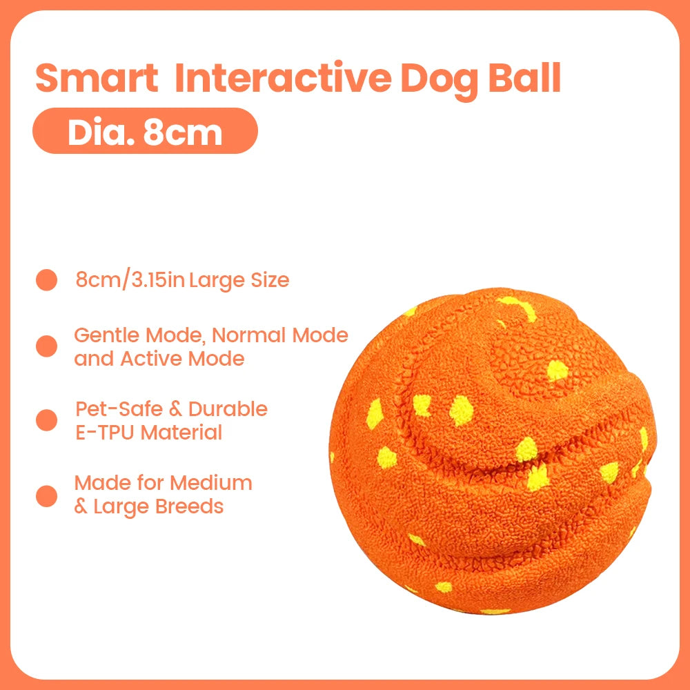 An orange, textured interactive dog ball with yellow spots, designed for medium and large breeds.