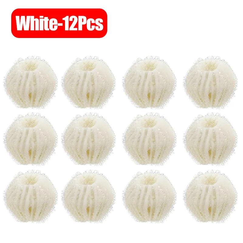 Twelve white reusable lint filter balls for laundry