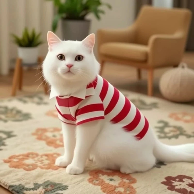 A white cat wearing a red and white striped polo shirt sitting on a rug.