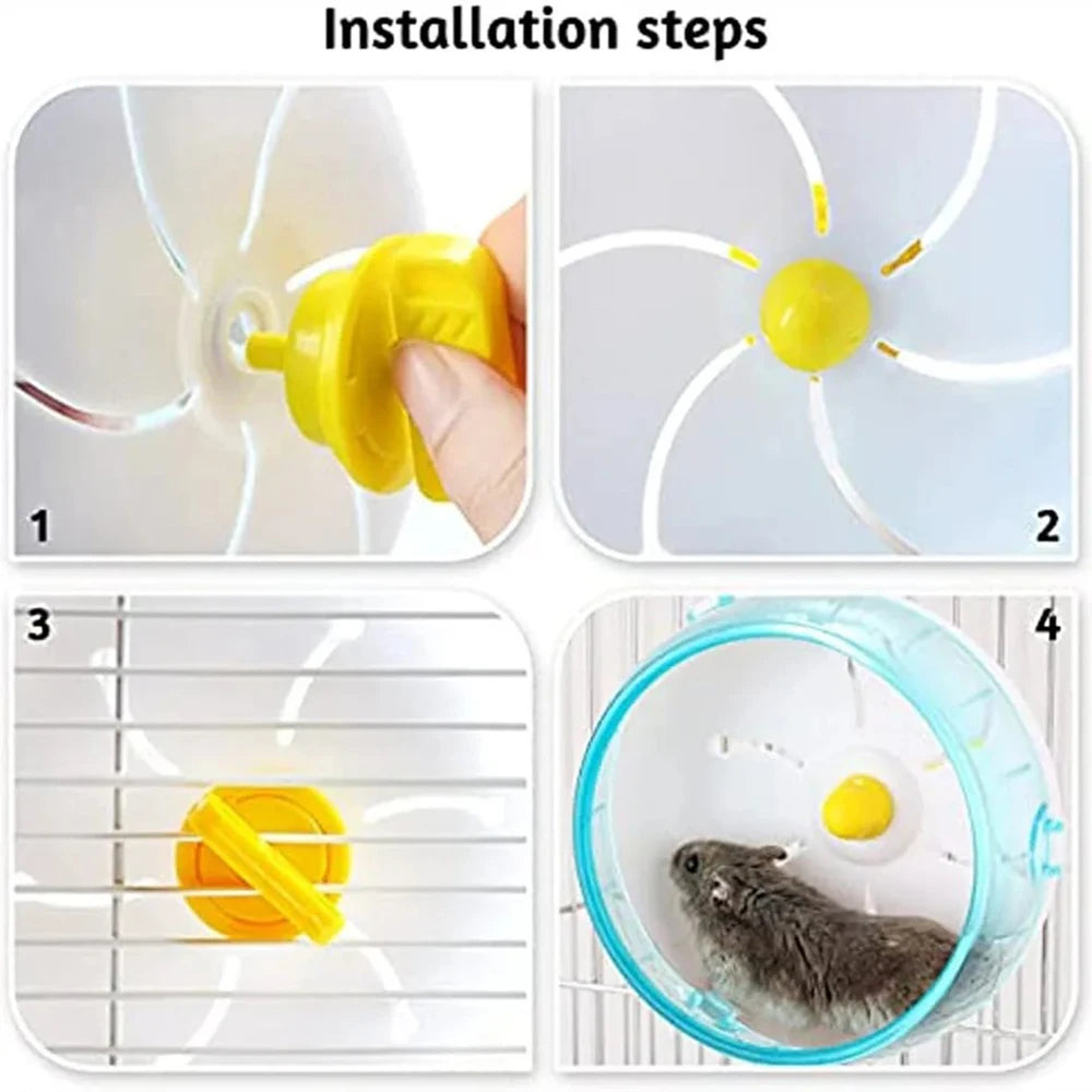 Quatre étapes montrant l'installation d'un disque de course pour hamster en acrylique silencieux dans une cage.