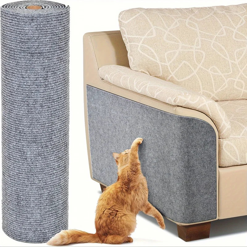 A large gray cuttable self-adhesive sofa protector mat for cats is shown next to a golden cat resting on the fabric.