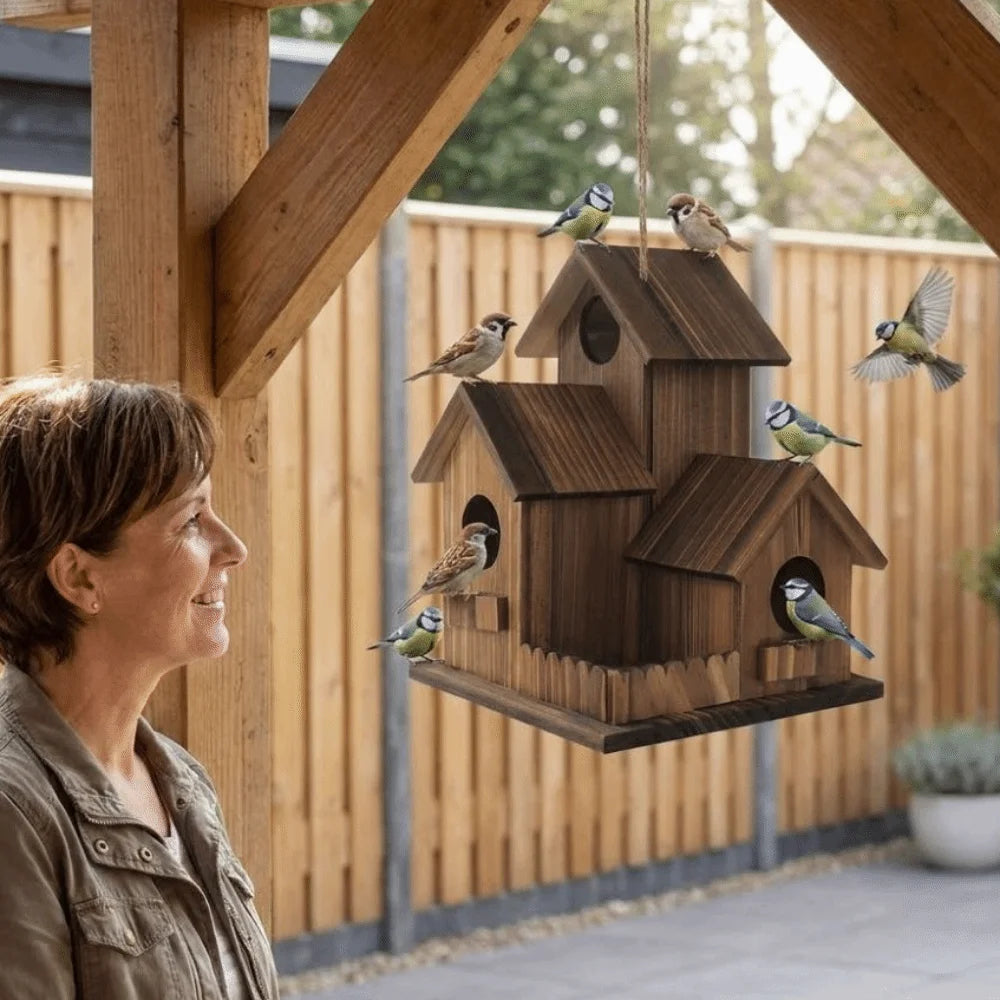 A woman looks up at a rustic wooden bird house hanging from a wooden frame, with small birds perched on the roof.