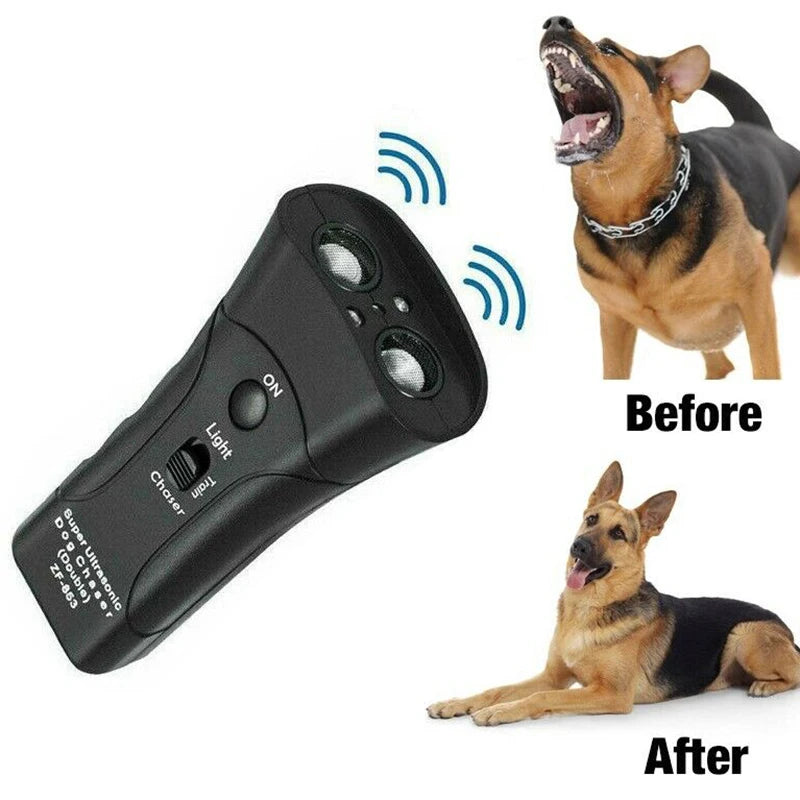 Before and after comparison of an ultrasonic dog deterrent device used to scare a dog.