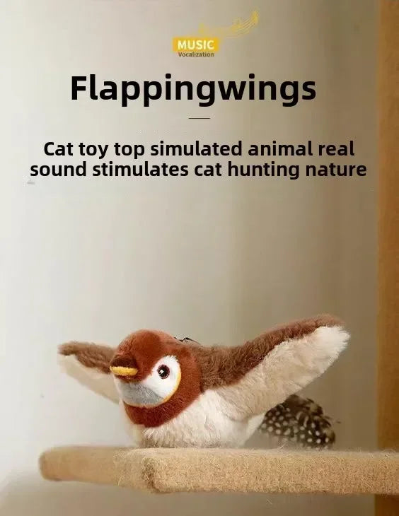 A small, realistic bird toy with flapping wings is shown against a light background.