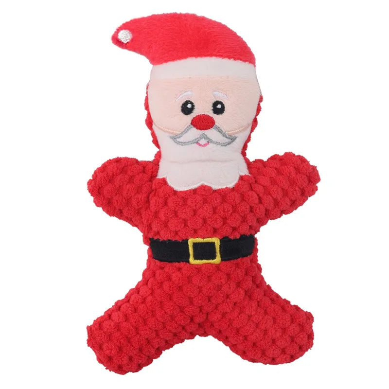 A red plush toy of Santa Claus with a white beard and mustache.