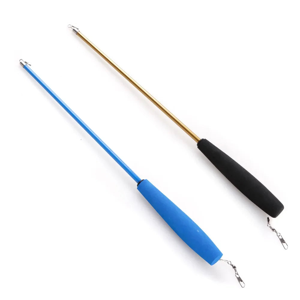 A long, slender feather cat wand toy with a gold shaft and blue handle is shown against a white background.