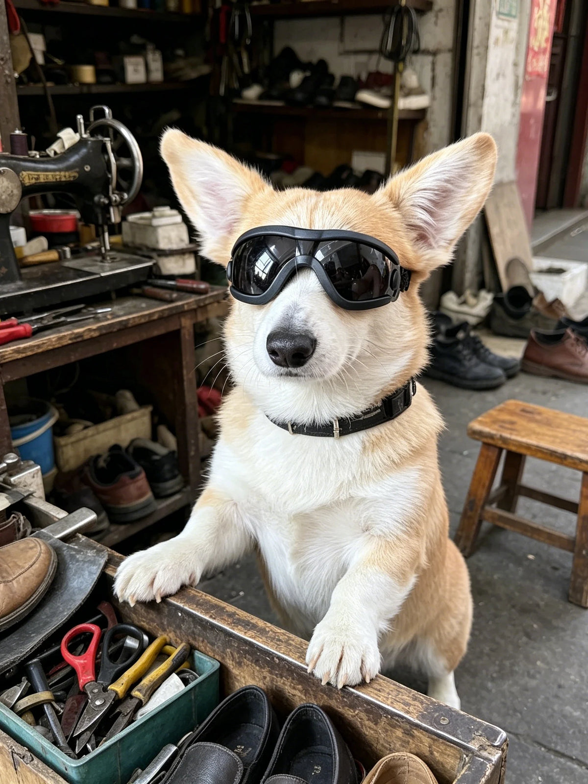 A light-colored dog wearing black UV protection sunglasses sitting on a wooden surface.