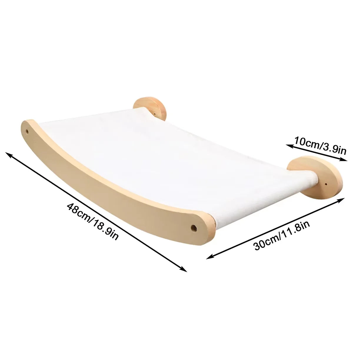 Wall-mounted cat hammock and climbing shelf with a sisal scratching post, shown in white and natural wood.