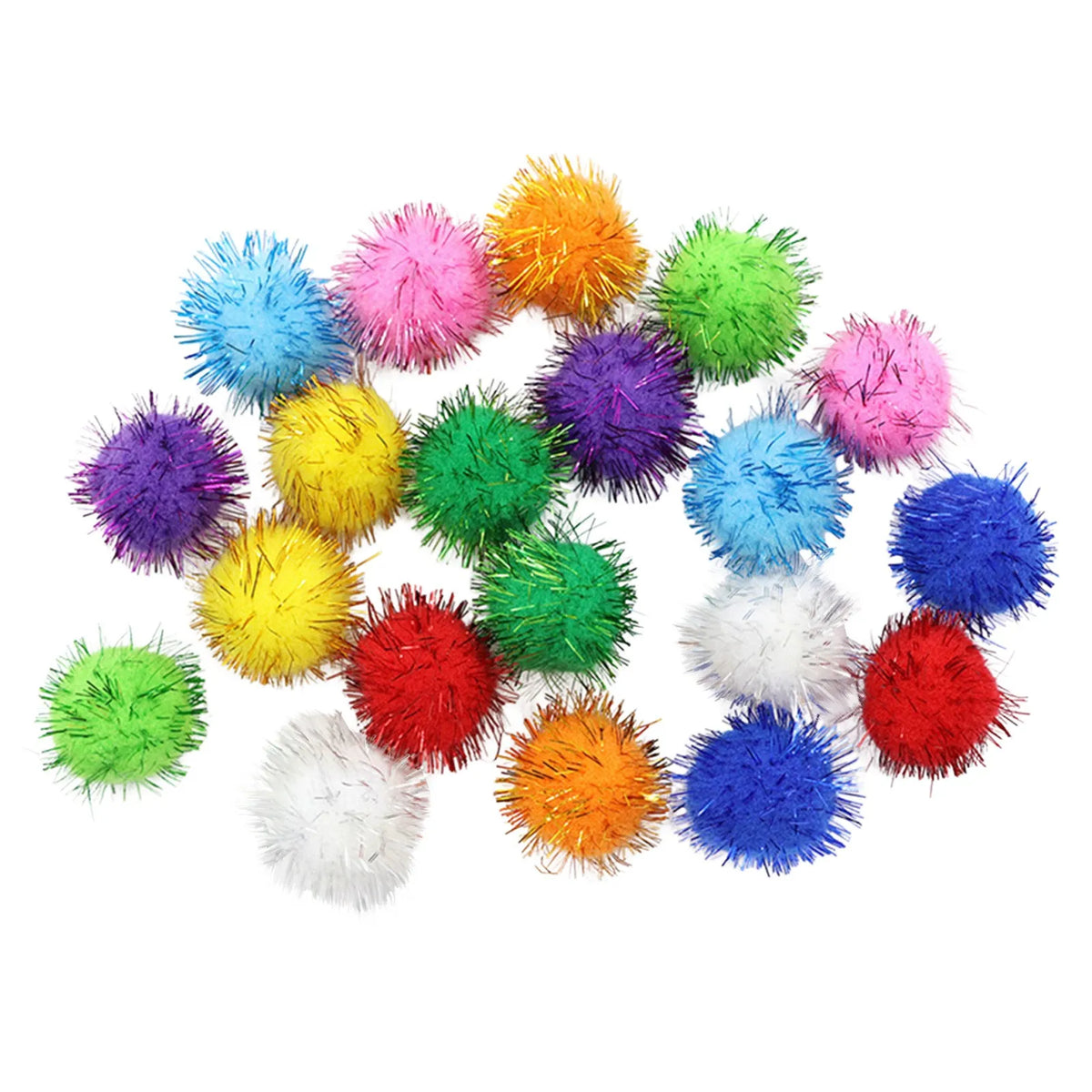 A collection of colorful crinkle pet balls in various shades including pink, yellow, green, purple, and blue.