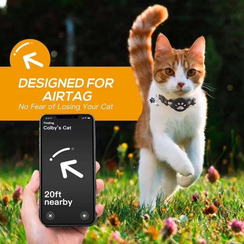 A ginger cat is shown next to a smartphone displaying an AirTag finding feature.