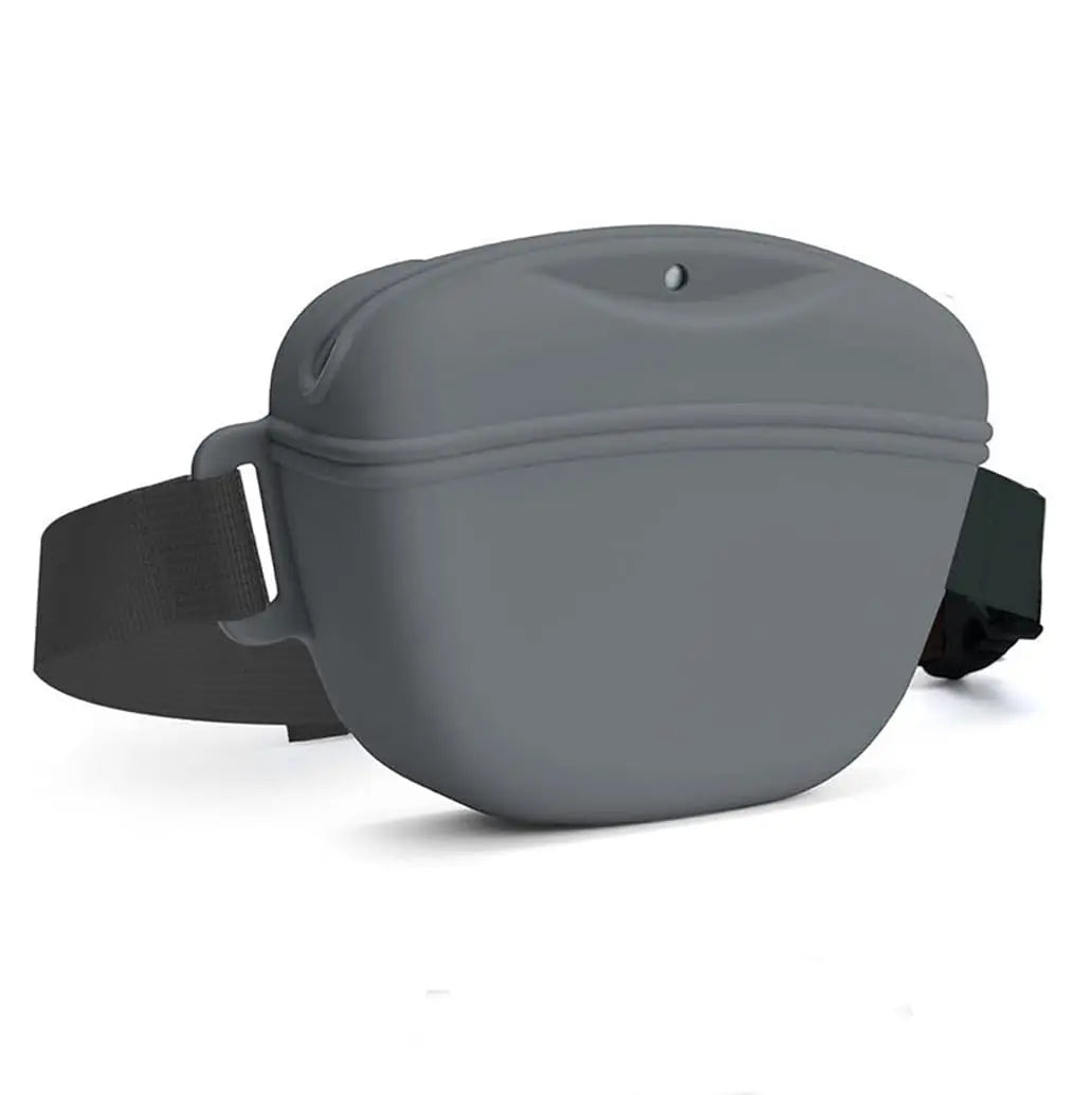 Gray silicone dog treat pouch with a magnetic closure and attached waist belt.