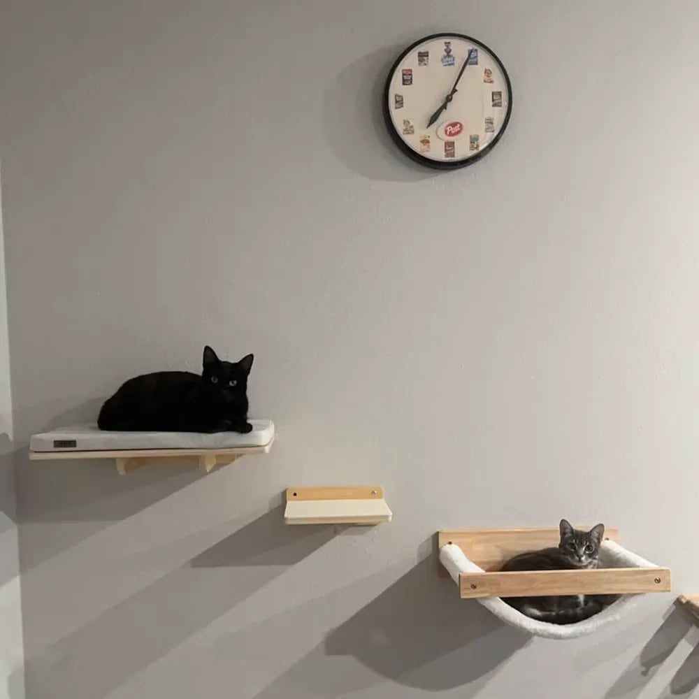 Wall-Mounted Wooden Cat Climbing Set with Sisal Scratching Post and Hammock