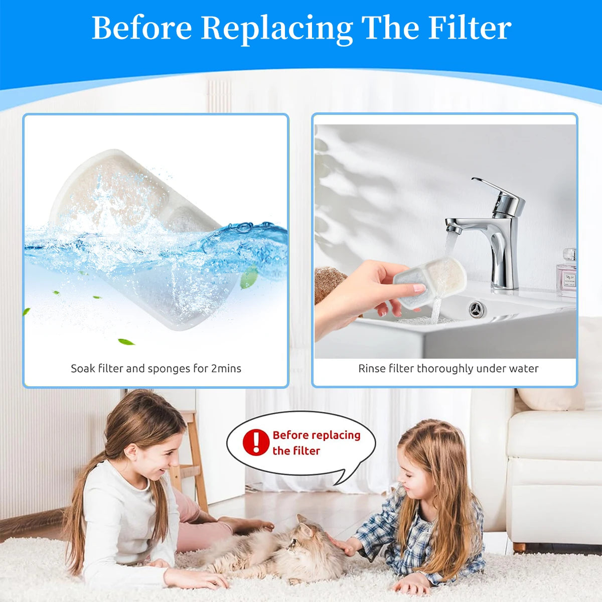 Instructions showing how to soak and rinse replacement filters for a pet water fountain before installing them.