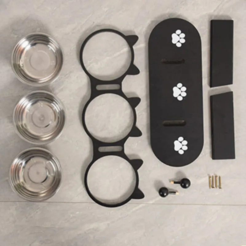 Comedero Elevado para Gatos de 3 Niveles con Base de Madera y Acero Inoxidable