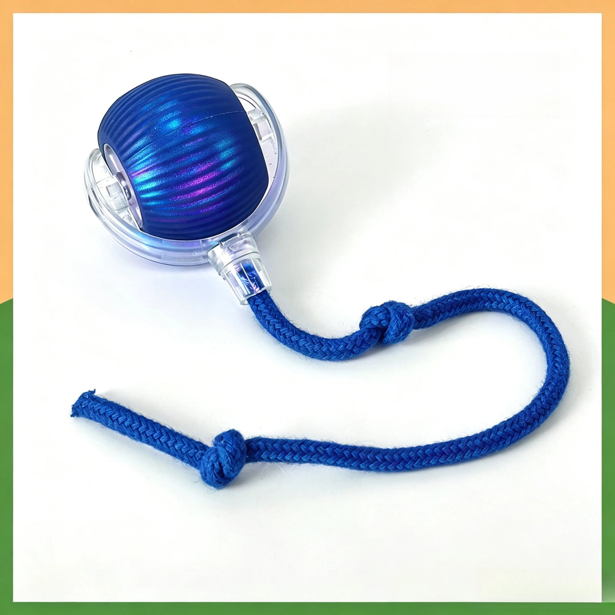 A blue and purple smart self-rolling cat ball toy with a blue cord attached.