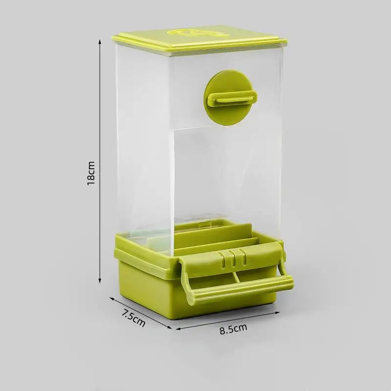 A clear plastic bird feeder with a lime green lid and tray, featuring a circular opening for feeding.