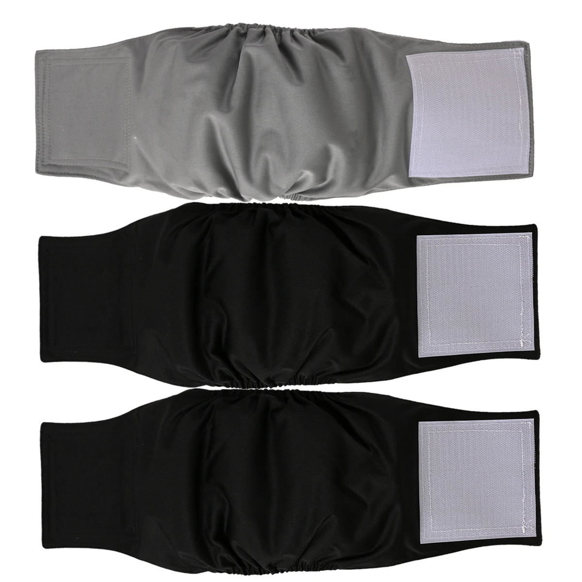 Three black washable dog belly bands with white absorbent pads for male dogs