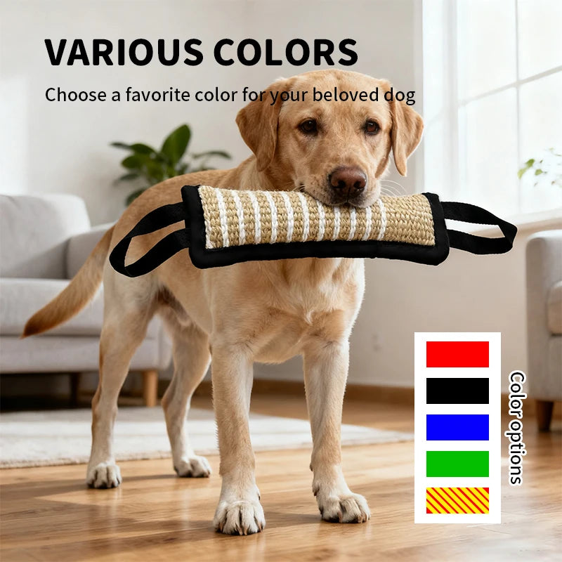 A golden-colored dog is wearing a black and beige natural jute tug toy with dual handles.