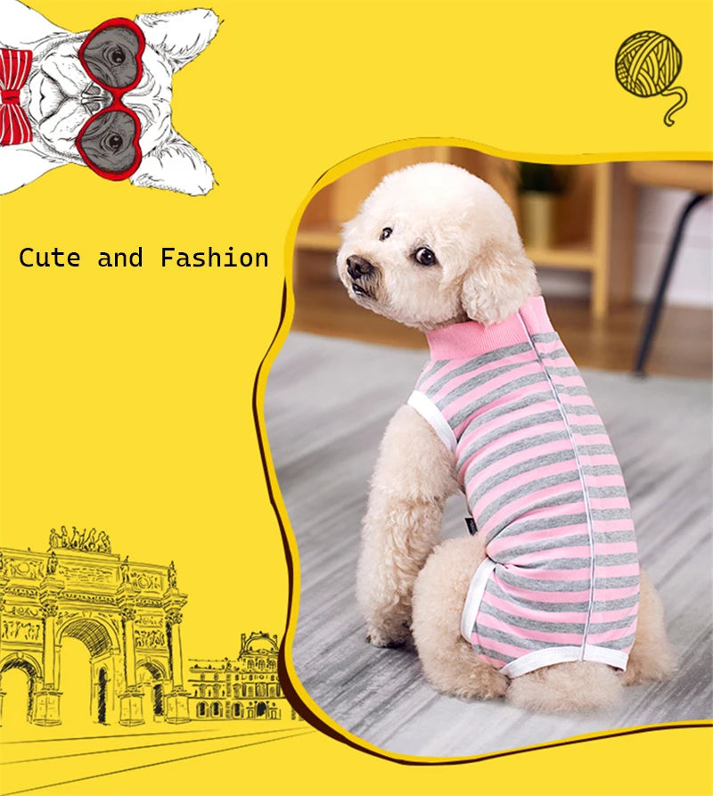 Striped Cotton Dog Recovery Suit for Post-Surgery Protection