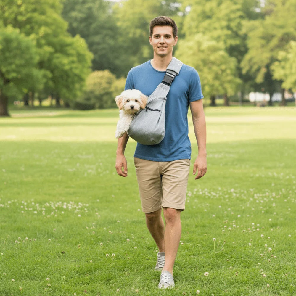A young man is jogging across a grassy field while carrying a small white dog in a gray pet carrier bag and harness.