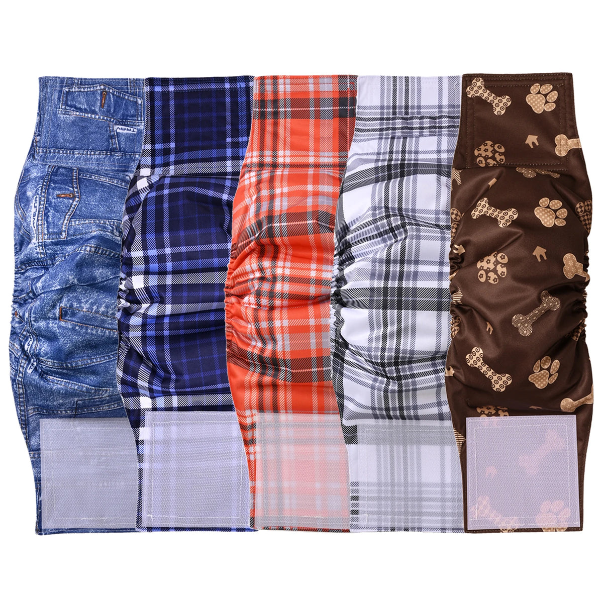 A set of reusable washable dog diaper wraps featuring various plaid and checkered patterns for male dogs
