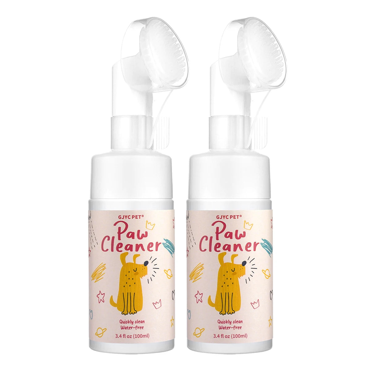 Zwei Flaschen tierärztliches Pflegetüpfel-Reinigungsschaum mit weißen Pumpdispensern und rosa Etiketten