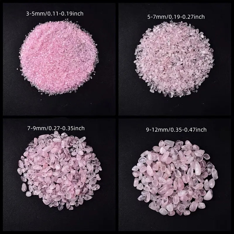 Four images showing rose quartz crystal chips in various sizes and grades, ranging from 3-5mm to 9-12mm.