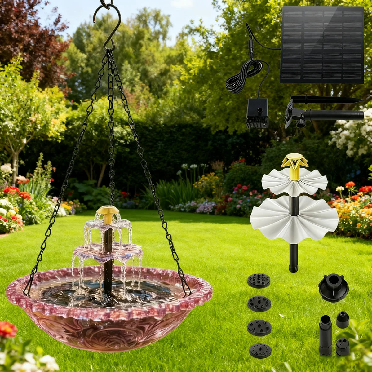Solar Hanging Bird Bath Fountain with Glass Bowl