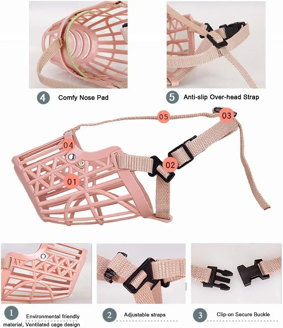 Pink adjustable anti-bite dog muzzle featuring a ventilated cage design and various strap options.
