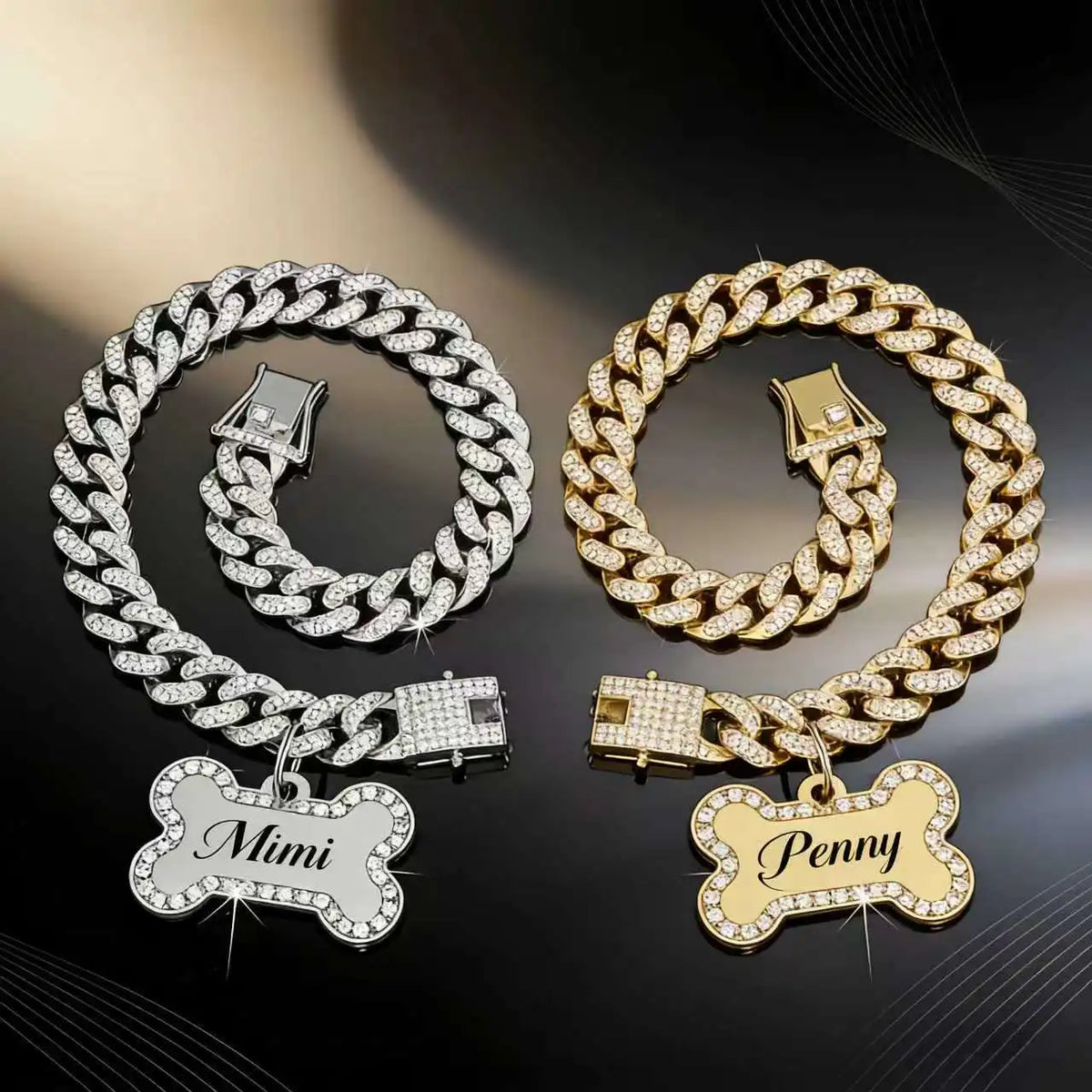 Gold and silver Cuban link rhinestone pet collar with bone charms displayed on a dark background