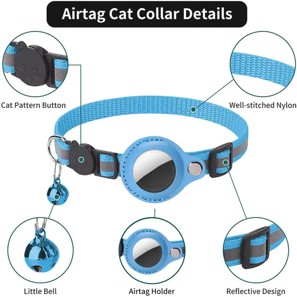 Details of an Airtag Cat Collar showing the pattern button, well-stitched nylon, little bell, Airtag holder, and reflective d