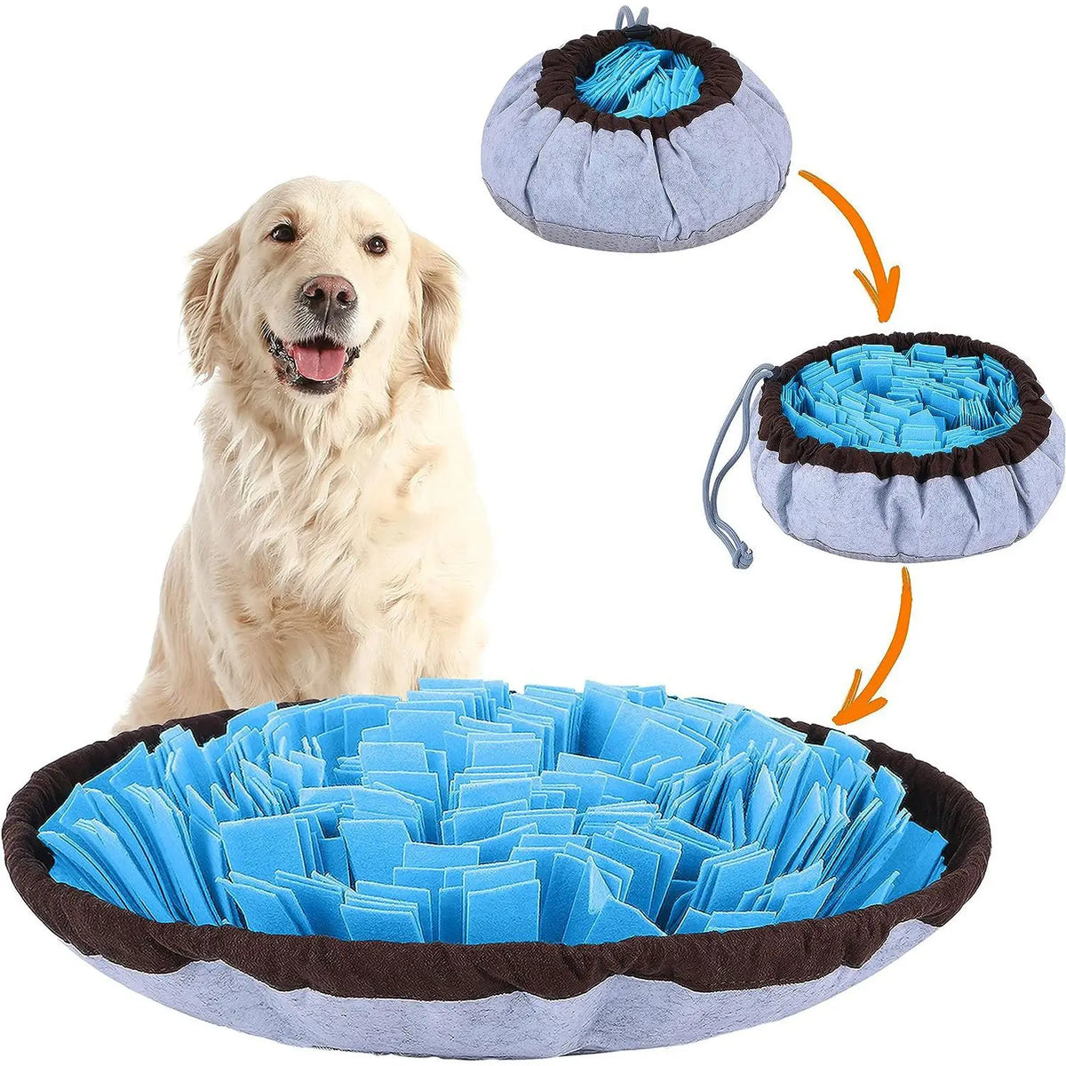 A dog and three variations of a foldable felt sniffing mat for dogs are shown.