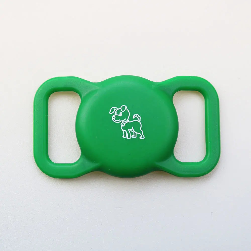 Grüner Silikonhalter mit Schlaufen-Design zum Anbringen eines AirTags an ein Tierhalsband.