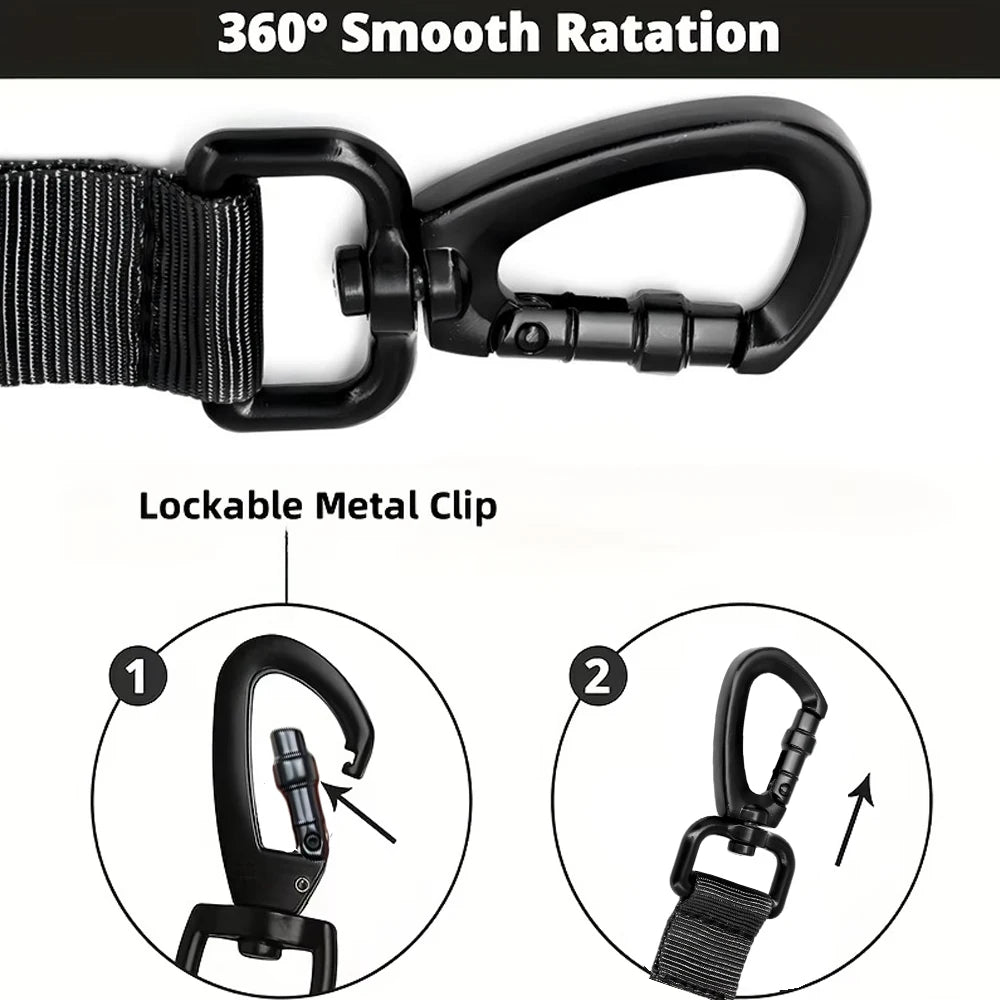 Black heavy duty bungee dog leash featuring a 360 degree smooth rotation and a lockable metal clip.