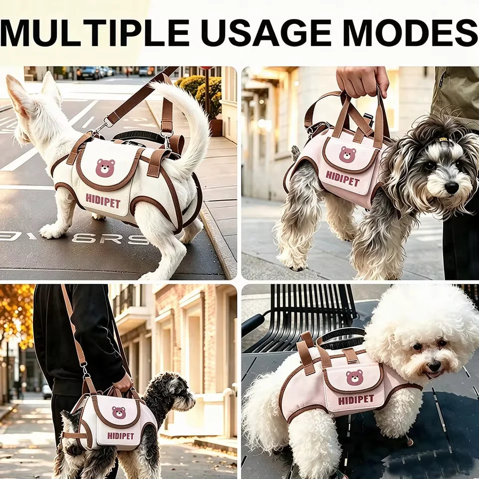 Multiple usage modes of a pink and beige pet carrier bag with a detachable leash for dogs.